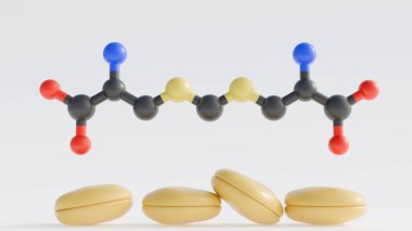 A 3D rendering depicts the molecular structure of djengkolic acid alongside its natural source, a cluster of jengkol beans. clipart