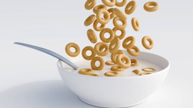 Bir kase mısır gevreğinin 3 boyutlu görüntüsü. Kase sütle dolu, mısır gevreği halkaları basit, beyaz, yuvarlak bir kasede servis ediliyor.. 