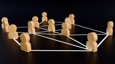 Tahta figürler ve bir ağ ya da hiyerarşik yapının liderlik, yönetim ya da sosyal bağlantılar gibi kavramlarla ilgili üç boyutlu bir canlandırması.