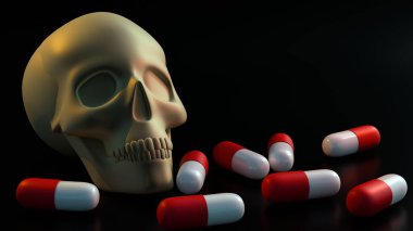 Bir kafatasının 3 boyutlu görüntüsü ve koyu arkaplana karşı kırmızı ve beyaz hap kapsülleri koleksiyonu.
