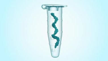 RNA molekülü içeren Eppendorf tüpünün 3 boyutlu animasyonu. RNA ile çalışma süreci, RNA örneklerinin çoğunlukla Eppendorf tüplerinde depolandığı ve değiştirildiği bir laboratuvar ortamında gerçekleşir..