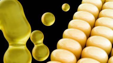 Üç boyutlu hammadde, mısır çekirdekleri ve altın sıvı, yüksek früktozlu mısır şurubu (HFCS).