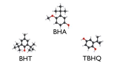Antioksidan gıda katkı maddelerinin moleküler yapılarının 3 boyutlu bir canlandırması: Butylated Hydroxyanisole (BHA), Butylated Hydroxytoluene (BHT), and Tertiary Butylhydroquinone (TBHQ)).