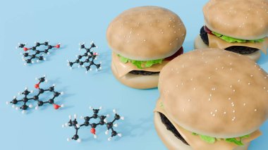 Moleküler yapıları olan 3 boyutlu hamburgerler, yaygın gıda koruyucuları olan Butylated Hydroxyanisole (BHA) ve Butylated Hydroxytoluene (BHT) 'yi temsil eder..
