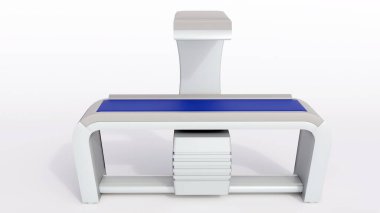 Bir DEXA ya da çift enerjili X-ray emiyometri makinesinin 3 boyutlu görüntülemesi. Temiz ve işlevsel, tipik tıbbi teşhis ekipmanları..