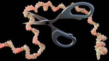 Bir RNA molekülü ve bir makas 3D görüntüleme. Moleküler biyolojinin kesin kesme ve manipülasyonunun 
