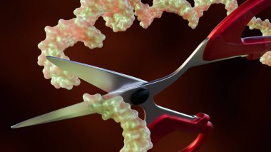 Bir RNA molekülü ve bir makas 3D görüntüleme. Moleküler biyolojinin kesin kesme ve manipülasyonunun 