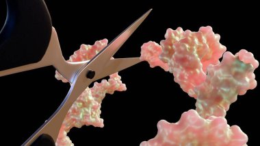 Bir RNA molekülü ve bir makas 3D görüntüleme. Moleküler biyolojinin kesin kesme ve manipülasyonunun 