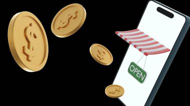 Bir 3D tasvir beyaz, boş ekran, bir dolar işareti ile dağınık bozuk paralar ve yeşil 