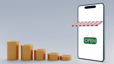 Bir 3D tasvir beyaz, boş ekran, bir dolar işareti ile dağınık bozuk paralar ve yeşil 