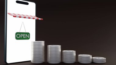 Bir 3D tasvir beyaz, boş ekran, bir dolar işareti ile dağınık bozuk paralar ve yeşil 