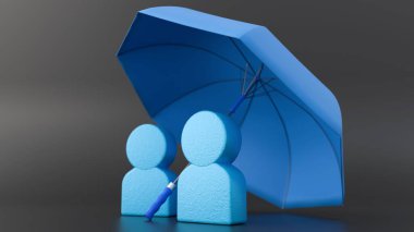 İki soyut, mavi, insan benzeri figürün üç boyutlu görüntüsü. Onlar büyük, açık, mavi bir şemsiye altında duruyor, bu bir barınak veya koruma hissi sağlar..