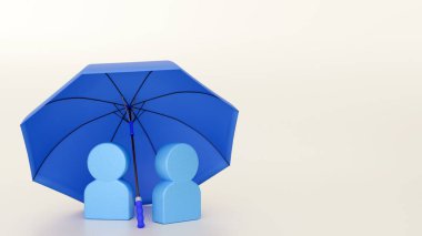 İki soyut, mavi, insan benzeri figürün üç boyutlu görüntüsü. Onlar büyük, açık, mavi bir şemsiye altında duruyor, bu bir barınak veya koruma hissi sağlar..