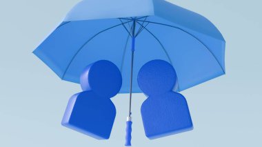 İki soyut, mavi, insan benzeri figürün üç boyutlu görüntüsü. Onlar büyük, açık, mavi bir şemsiye altında duruyor, bu bir barınak veya koruma hissi sağlar..