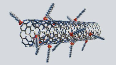 Molekülleri ile karbon nanotüpleri betimleyen ve yüzeylerine sarılmış ya da yapışmış Sodyum Dodecyl Sülfat (SDS) gibi görünen bir 3D canlandırma.