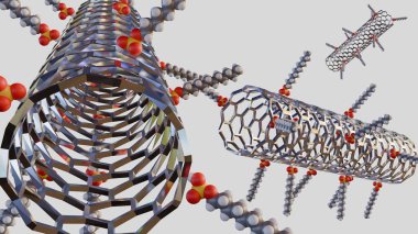 Molekülleri ile karbon nanotüpleri betimleyen ve yüzeylerine sarılmış ya da yapışmış Sodyum Dodecyl Sülfat (SDS) gibi görünen bir 3D canlandırma.