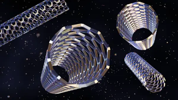 3 boyutlu karbon nanotüp veya CNT yapıları tek duvarlı karbon nanotübe benziyor. Gelişmiş nanomateryallerin ya da moleküler yapı iskelesinin izlenimi.