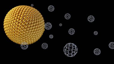 Liposom, nanoteknoloji, uyuşturucu dağıtımı veya malzeme bilimi alanlarındaki fullerenlerin etkileşiminin veya kapsülleşmesinin 3 boyutlu bir canlandırması.
