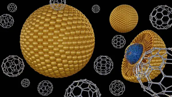 Liposom, nanoteknoloji, uyuşturucu dağıtımı veya malzeme bilimi alanlarındaki fullerenlerin etkileşiminin veya kapsülleşmesinin 3 boyutlu bir canlandırması.