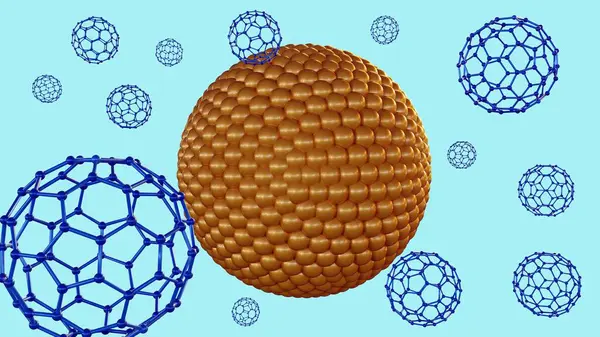 Liposom, nanoteknoloji, uyuşturucu dağıtımı veya malzeme bilimi alanlarındaki fullerenlerin etkileşiminin veya kapsülleşmesinin 3 boyutlu bir canlandırması.