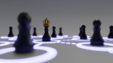 Bir satranç piyonunun 3 boyutlu görüntüsü, merkezde konumlandırılmış ve altın bir taç ile süslenmiş ve diğer piyonlarla çevrelenmiş, birbiriyle bağlantılı, parlayan halkalara yerleştirilir..