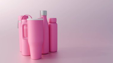 Bir kolleksiyonun üç boyutlu bir canlandırması çeşitli içki malzemeleri veya tumblr, hepsi monokromatik pembe palet, estetik tema.