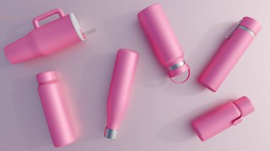 Bir kolleksiyonun üç boyutlu bir canlandırması çeşitli içki malzemeleri veya tumblr, hepsi monokromatik pembe palet, estetik tema.