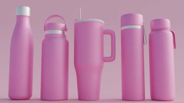 Bir kolleksiyonun üç boyutlu bir canlandırması çeşitli içki malzemeleri veya tumblr, hepsi monokromatik pembe palet, estetik tema.