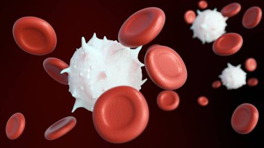 Kan dolaşımı içinde anormal ya da kanserli beyaz kan hücreleri (lösemi) ve dağınık sağlıklı kırmızı kan hücreleri içeren patolojik bir durumu gösteren üç boyutlu bir çizim..
