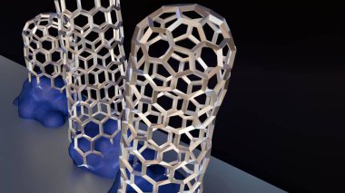 Katalizör parçacığının yüzeyden yükseldiği ve CVD sırasında büyüyen uçta kaldığı karbon nanotüplerinin uç büyüme modelini gösteren bir 3D görüntüleme.