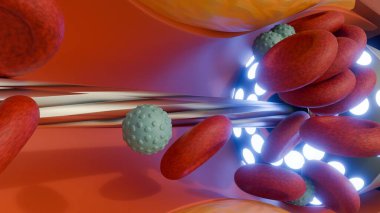 Kırmızı kan hücreleriyle çevrili bir atardamar içinde çalışan bir lazer atherektomi cihazının 3 boyutlu görüntülenmesi..
