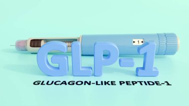 3 boyutlu önceden doldurulmuş enjeksiyon kalemi, GLP-1 harfleri ile diyabet ya da ağırlık yönetimi ilaçlarında kullanılanlara benzer.