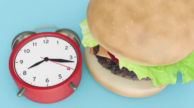 3 boyutlu bir saat, alarm ve hamburger animasyonu. Oruç, aralıklı ya da geçici olarak perhiz. Abur cuburdan, bilinçli karar verme süreçlerinden ve refah arayışından oruç tutmak.