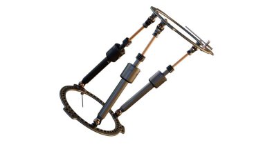 Çoklu eksensel deformasyon düzeltme sisteminin 3D görüntülemesi, ortopedik cerrahide kullanılan bir dış fiksör türüdür..