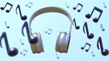 Kulaklığın 3 boyutlu animasyonu ve kalın, ayarlanabilir saç bandı ve yuvarlak kulaklıklarla notalar..
