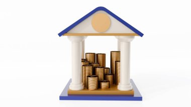 Mavi çatılı klasik binanın üç boyutlu bir yansıması, dört beyaz sütun tarafından destekleniyor, bir tabanda dinleniyor. Bina sayısız altın sikke yığınıyla çevrili..