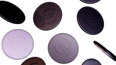 Avro sikkelerinin yağmur gibi yağan 3 boyutlu animasyonu temiz, beyaz bir arkaplana çarpıyor. Metalik yüzeyleri ışığı yakalıyor. Parlak ve değerli bir duş hissi..