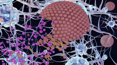 İçindekileri salan liposomların 3 boyutlu bir canlandırması, birbirine bağlı beyin nöronlarının arka planına karşı hedeflenmiş bir uyuşturucu dağıtım mekanizması.