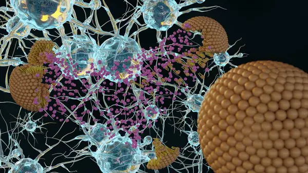 İçindekileri salan liposomların 3 boyutlu bir canlandırması, birbirine bağlı beyin nöronlarının arka planına karşı hedeflenmiş bir uyuşturucu dağıtım mekanizması.