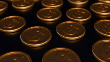 Her biri belirgin bir dolar işaretiyle kabartılmış 3 boyutlu altın paralar düzgün bir şekilde düzenlenmiştir..