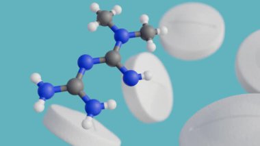 Metformin 'in 3 boyutlu bir animasyonu, haplar ve moleküler yapısı olarak fiziksel bir form. İlaç olarak makroskobik görünümü.