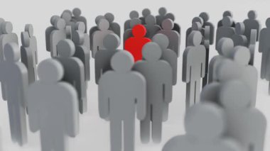 Soyut insan figürlerinden oluşan bir kalabalığın 3 boyutlu animasyonu. Ön plandaki merkez figür, parlak kırmızı rengiyle ayırt edilen ana odak noktasıdır.