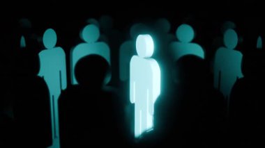 Soyut insan figürlerinden oluşan bir kalabalığın 3 boyutlu animasyonu. Ana odak noktası ön plandaki merkezi figür. Parlak, parıldayan ışığıyla ayırt ediliyor..