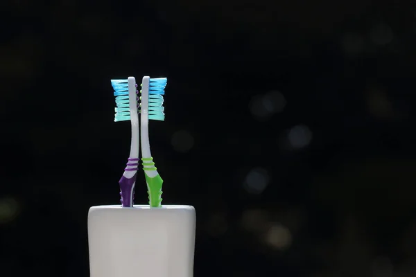 Toothbrush Isolated Dark Background Nylon Bristles Plastic Handles Blank Copy — Stock Photo, Image
