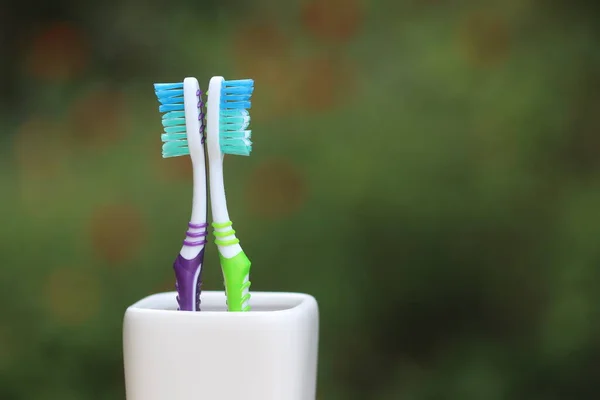 Toothbrush Isolated Green Background Nylon Bristles Plastic Handles Blank Copy — Stock Photo, Image