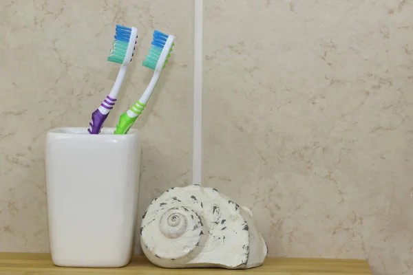 Toothbrush Plastic Holder Bathroom Nylon Bristles Plastic Handles — Stock Photo, Image
