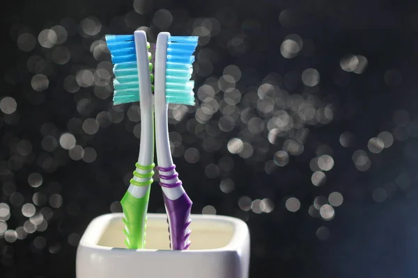 Toothbrushes Isolated Bokeh Background Nylon Bristles Plastic Handles Blank Copy — Stock Photo, Image