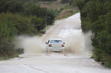 Yolun ortasında araba sürüyordu.
