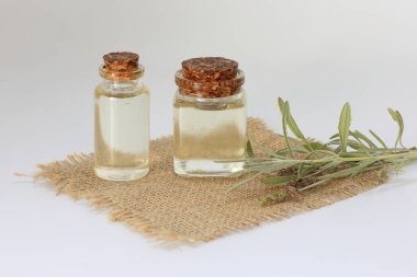 Beyaz arka planda lavanta çiçekleri ve yağ