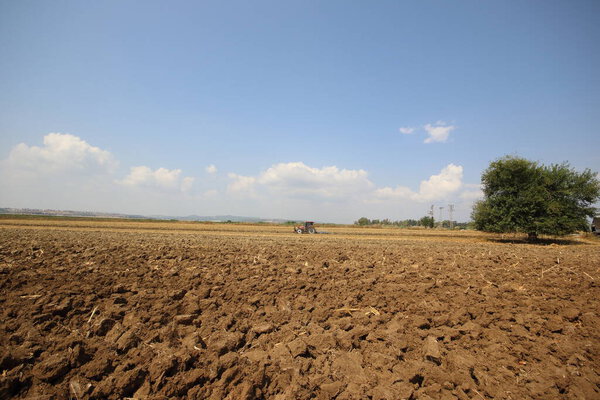 a tractor plowing field in the morning